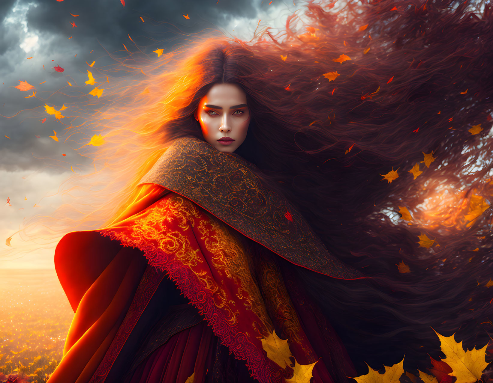 Woman with flowing hair in red cloak surrounded by autumn leaves under dramatic sky