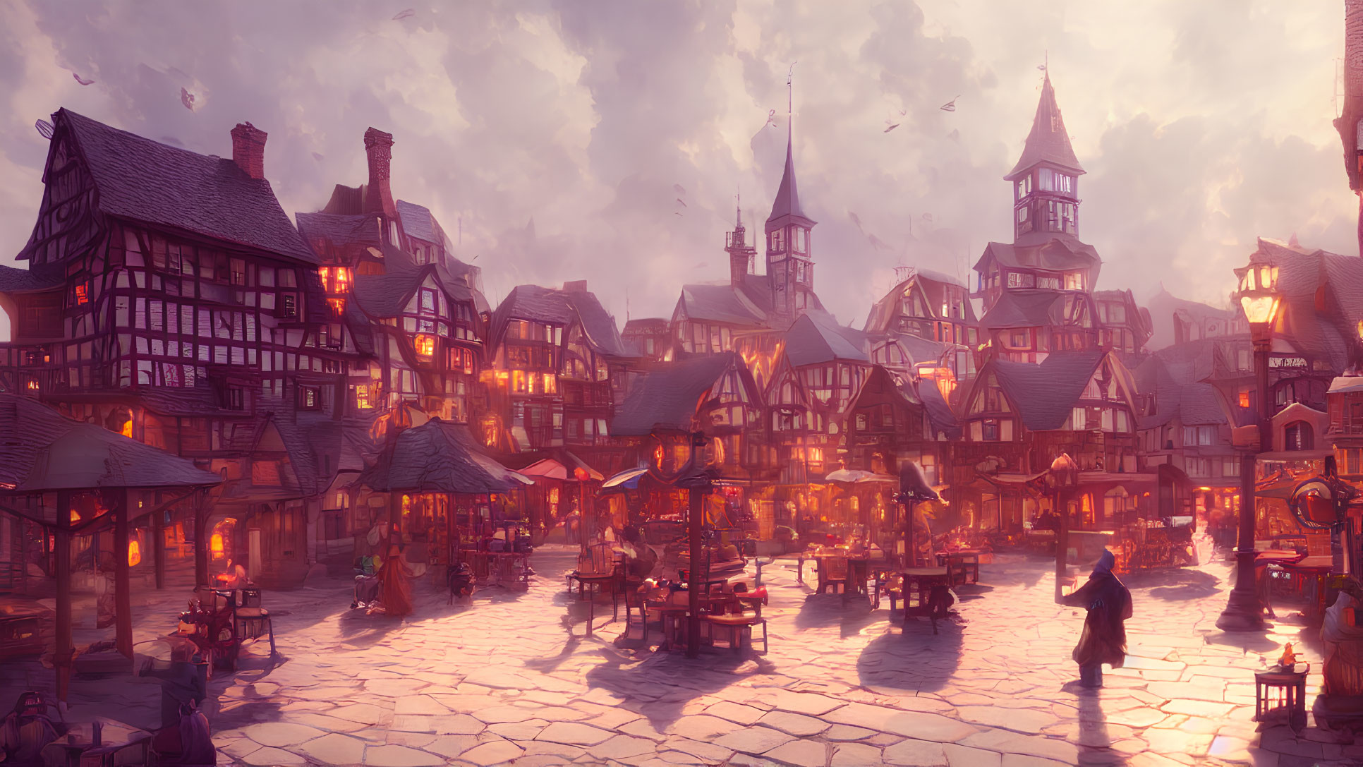 Medieval fantasy town square with half-timbered houses and market stalls