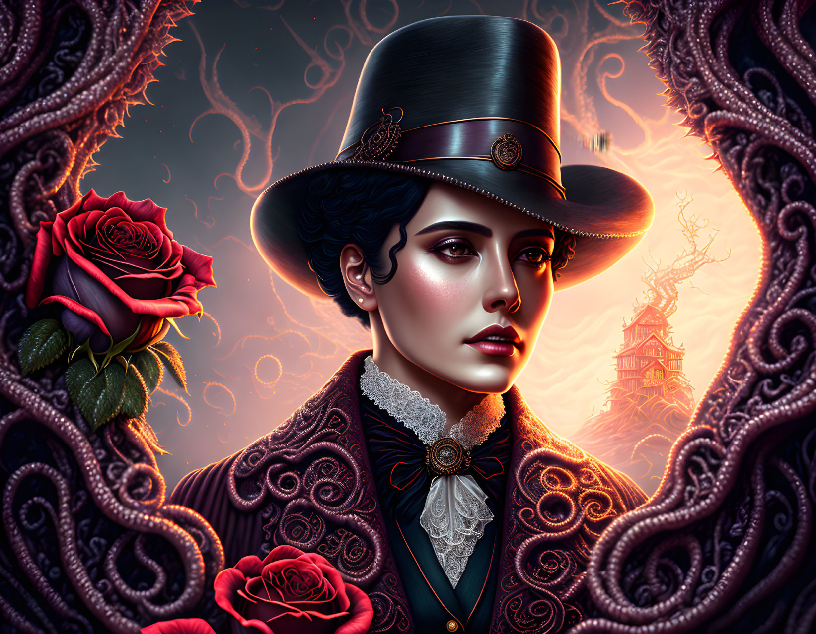 Victorian woman portrait with top hat, roses, and gothic backdrop