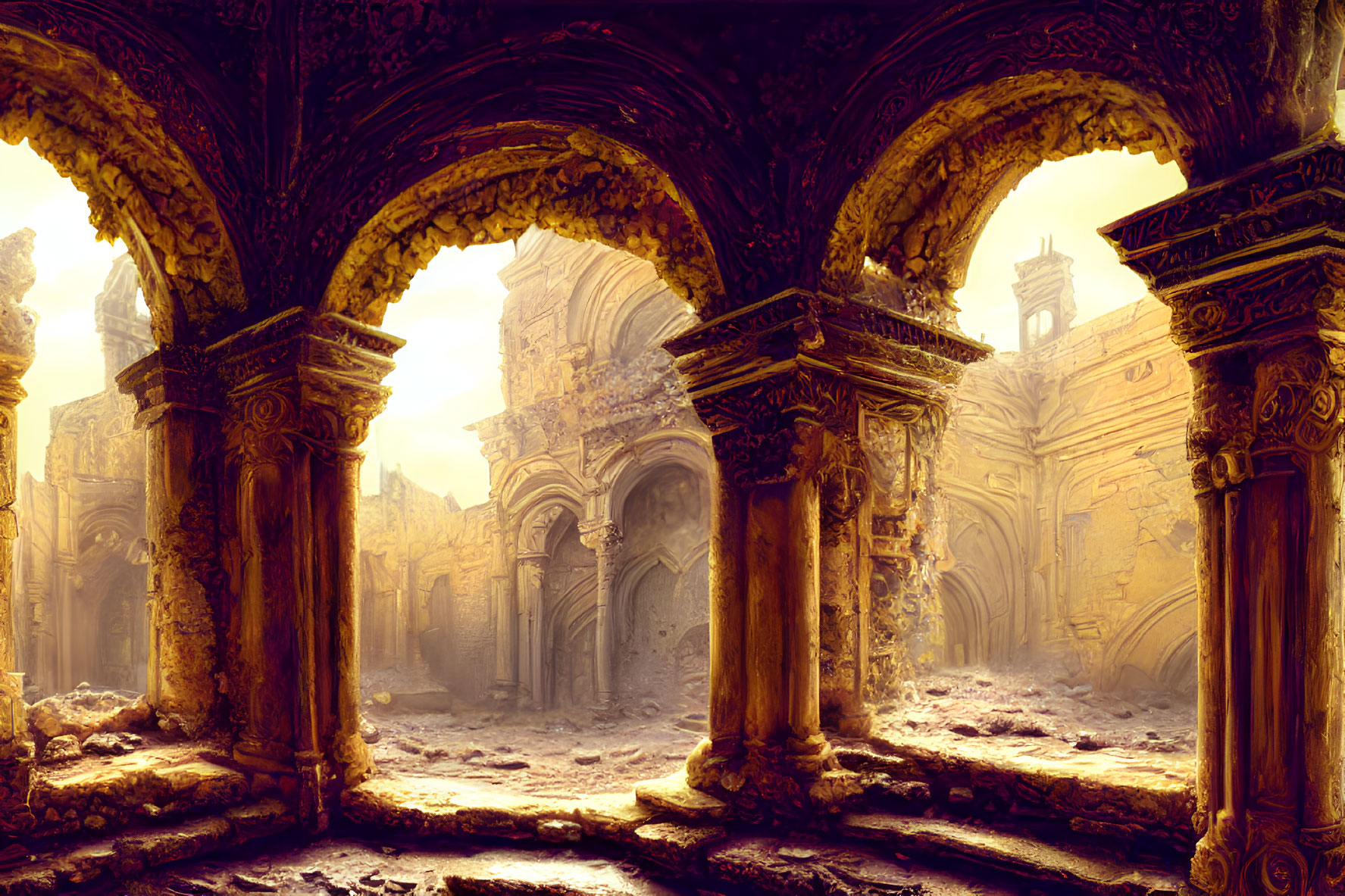 Ancient structure ruins with arches in warm sunlight