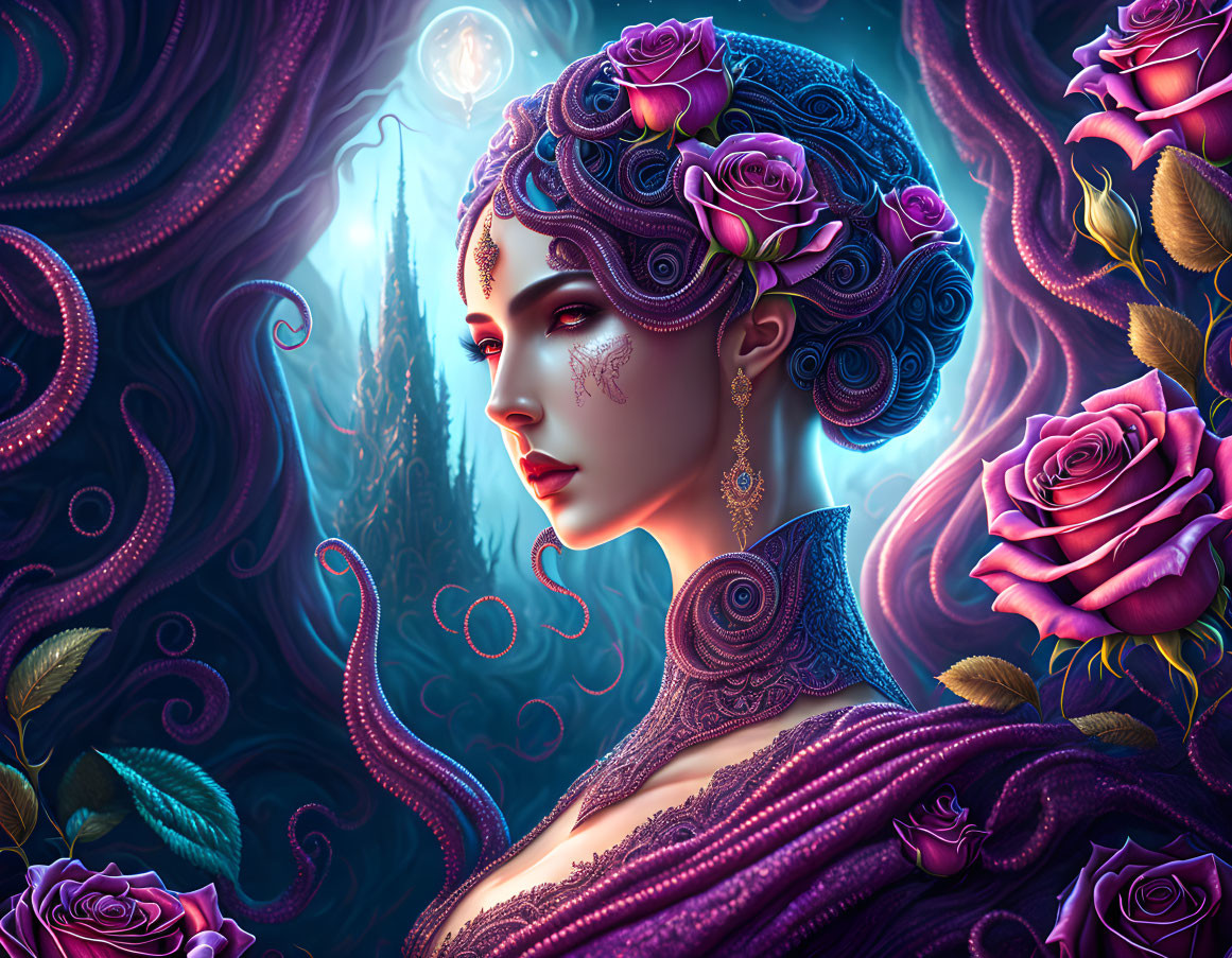 Intricate purple and blue designs on a woman surrounded by floral environment