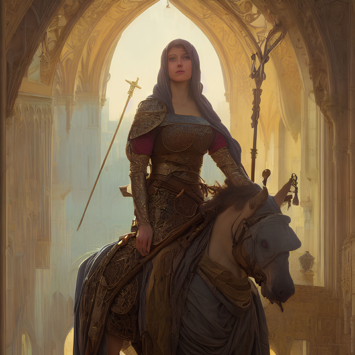 Medieval armored woman on horse in gothic cathedral