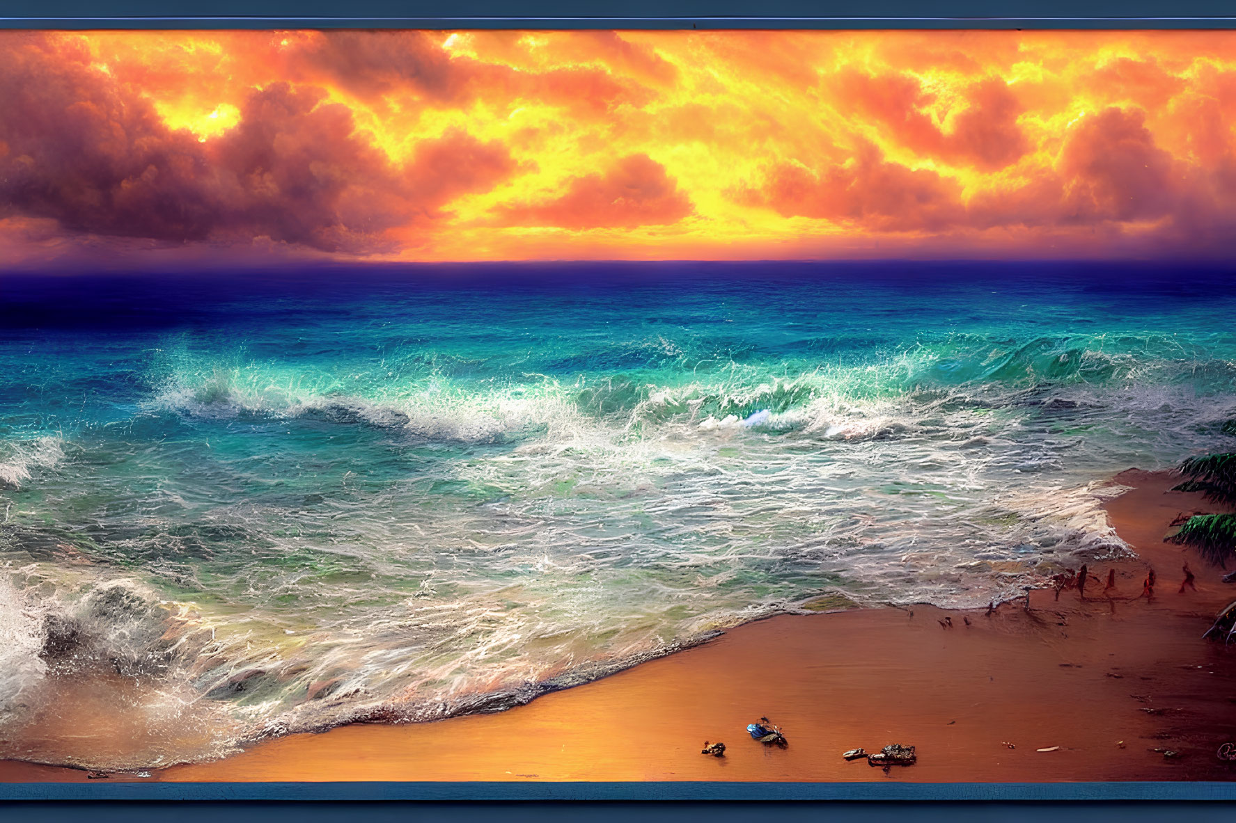 Fiery orange sunset over turquoise beach scene