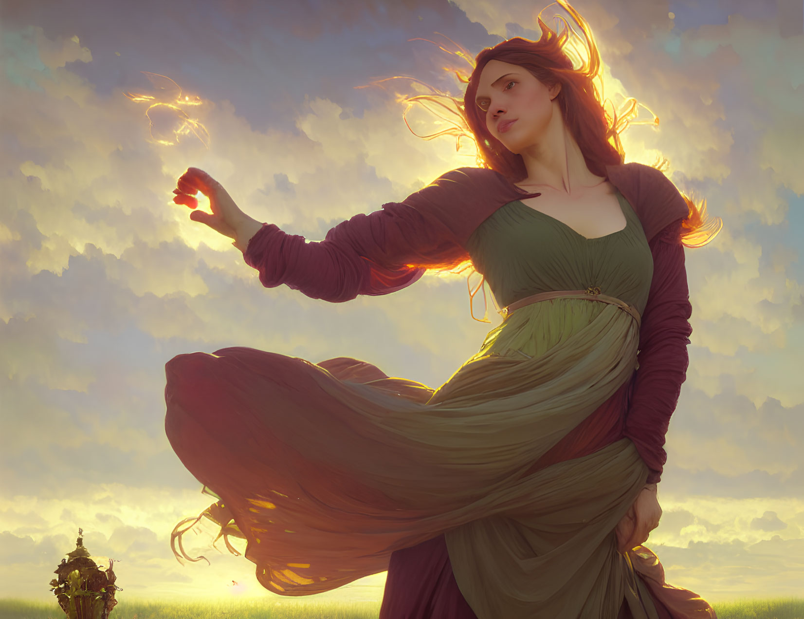 Graceful woman in flowing robes at sunset with glowing hand and windblown hair