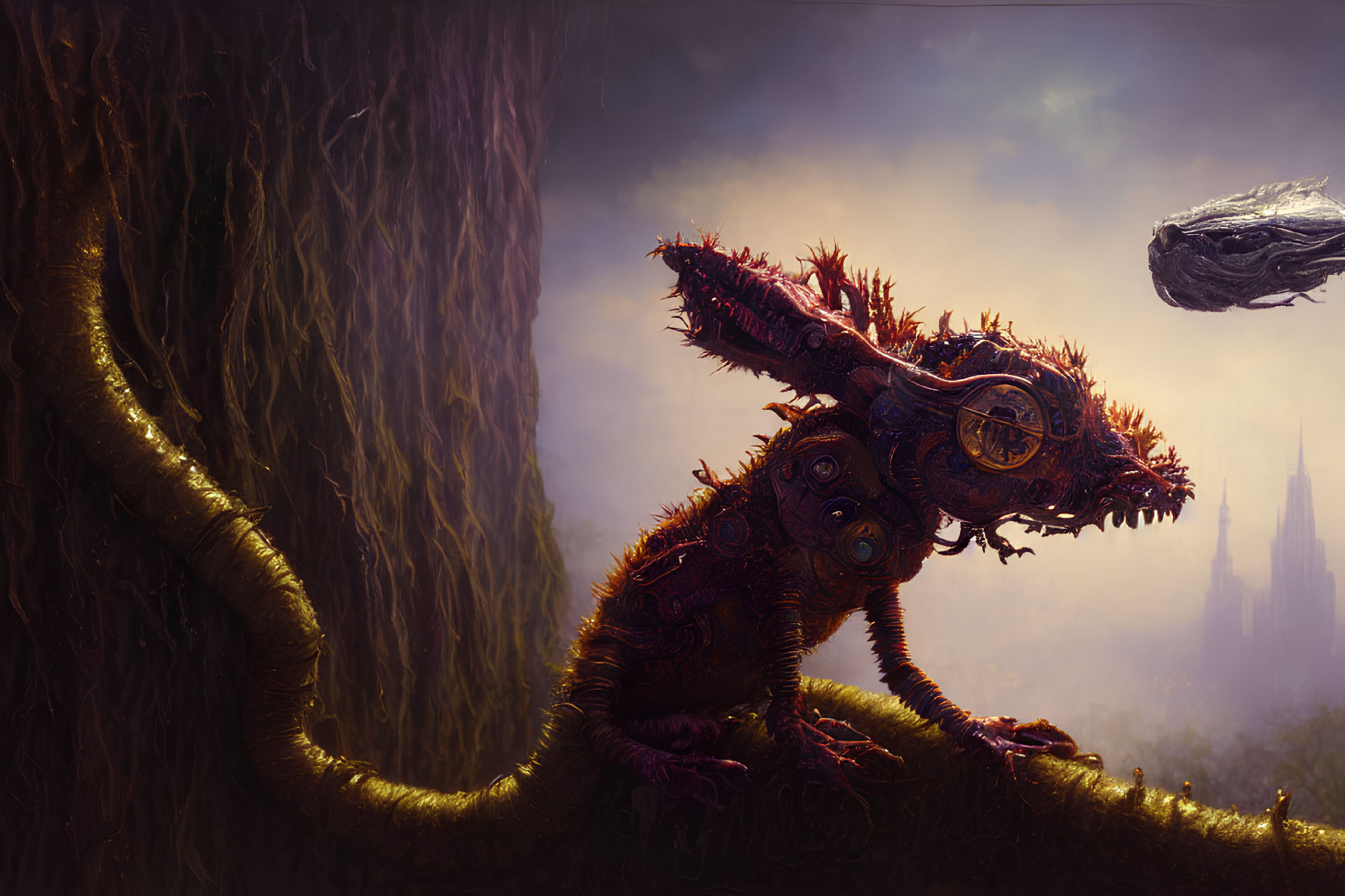 Clockwork creature on branch in mystical forest with castle and floating rock