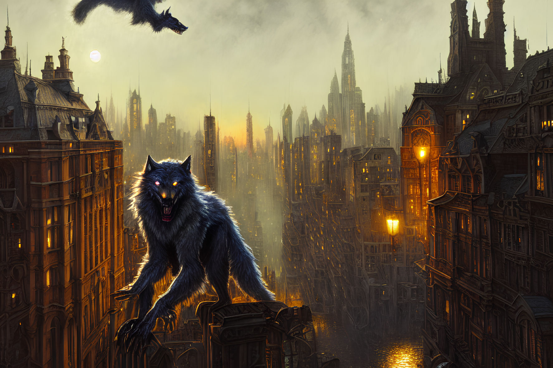 Menacing werewolf on gothic building in dark cityscape at dusk