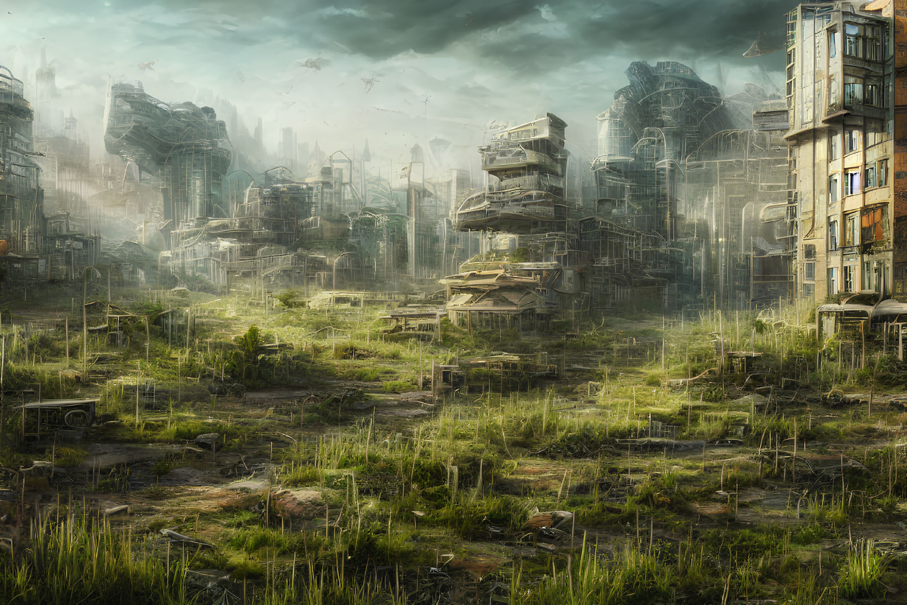 Detailed post-apocalyptic urban landscape artwork with dilapidated buildings and lush greenery.