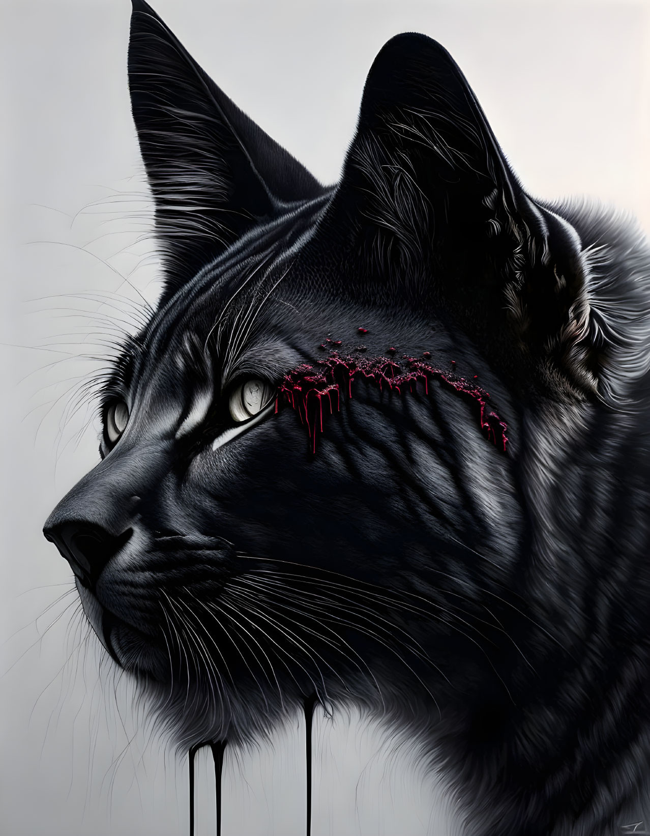 Hyper-realistic painting of black cat with red stitched cut and detailed fur.