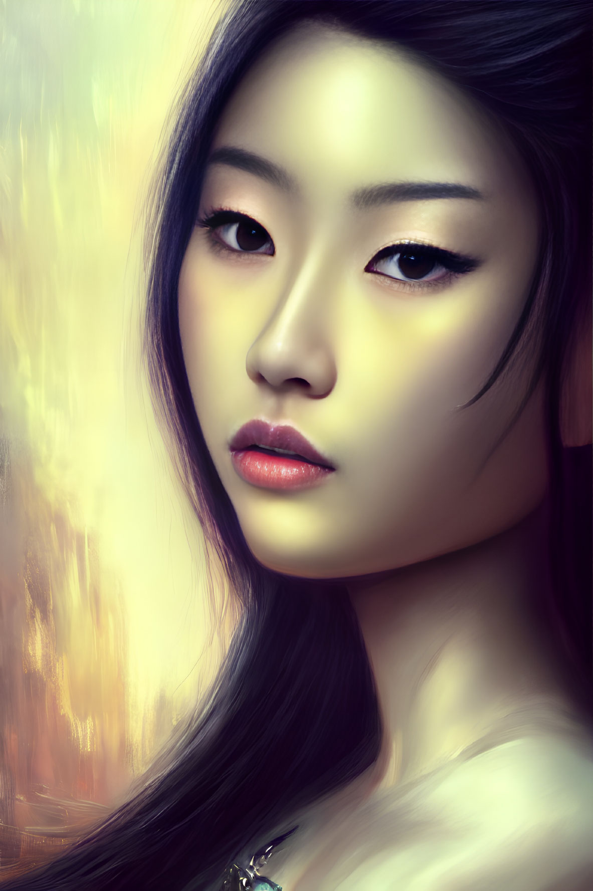 Asian woman with striking eyes and subtle smile in digital painting