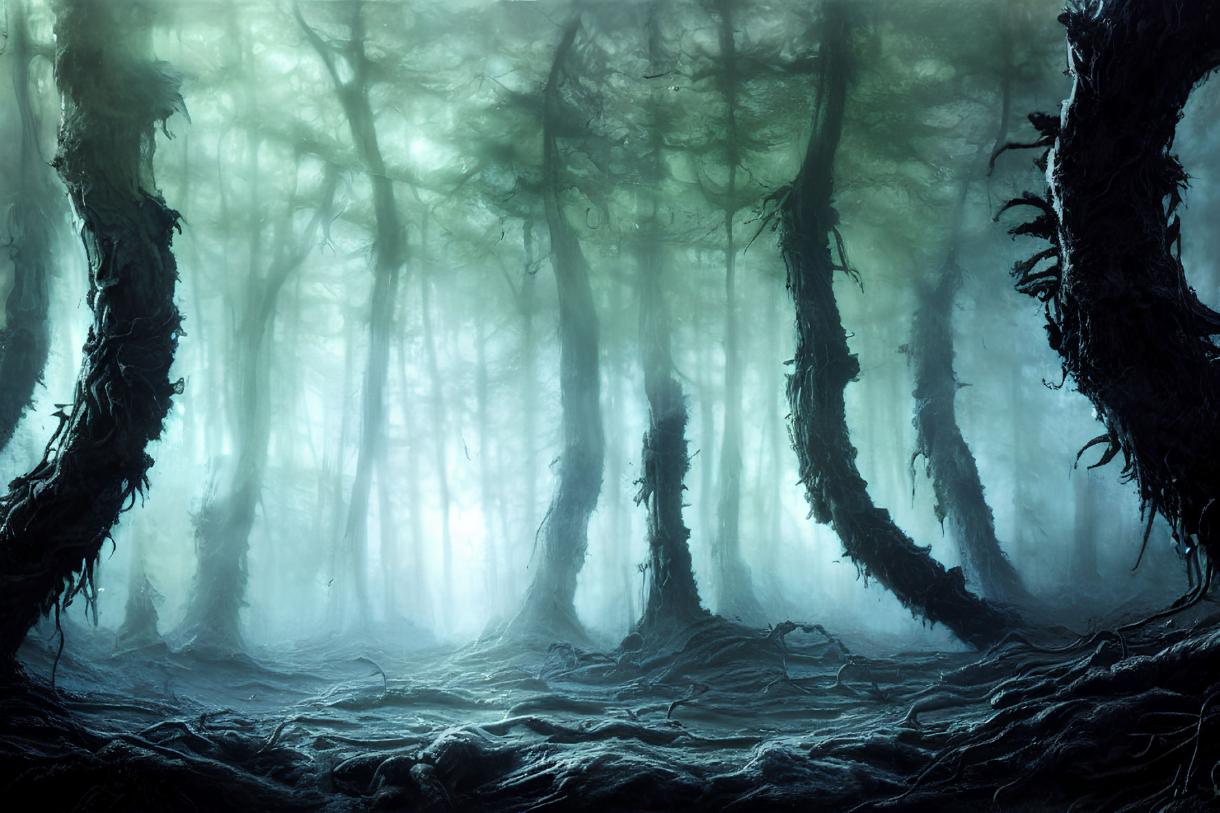 Mystical foggy forest with twisted trees and soft light