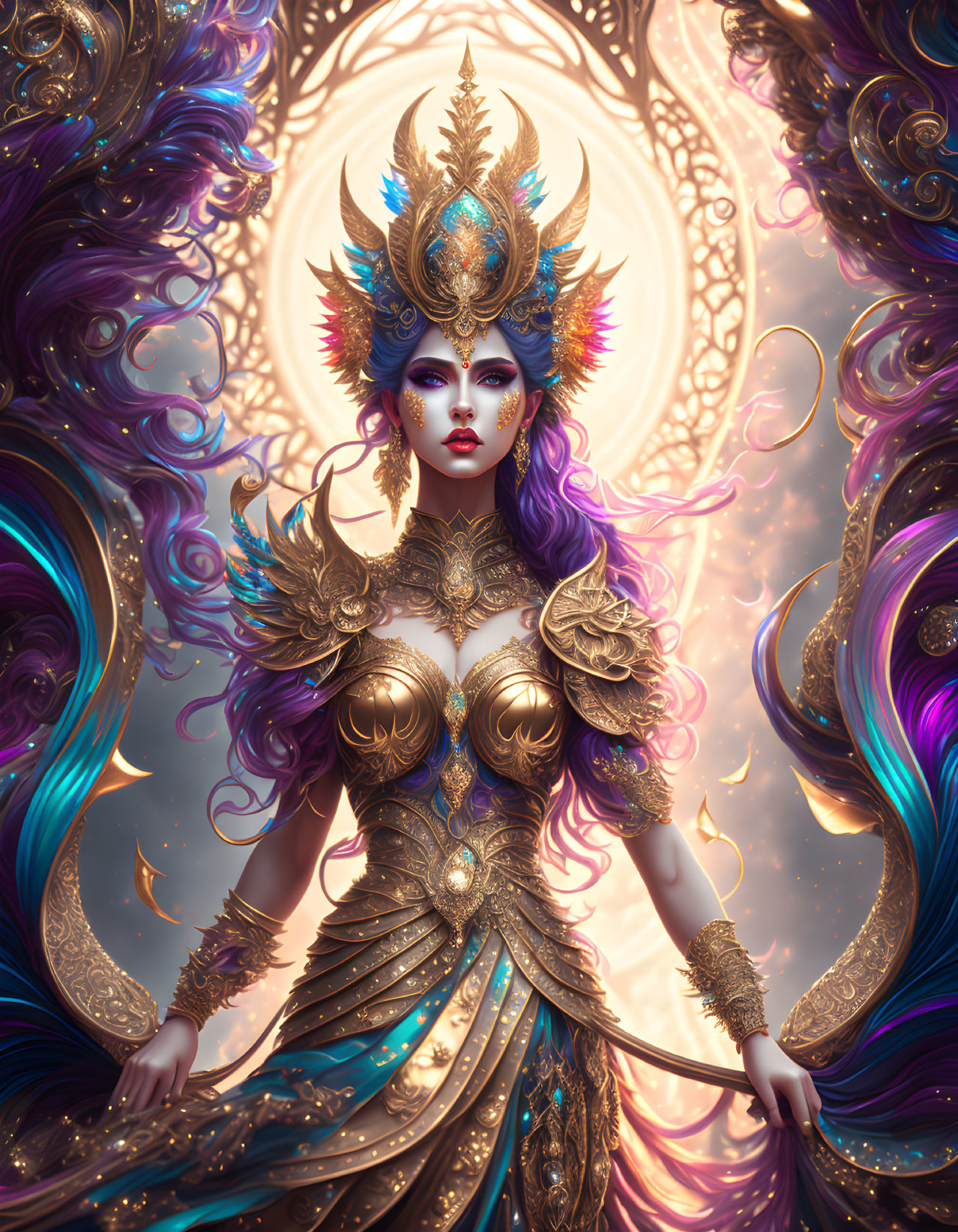 Fantasy queen illustration in regal crown and golden armor on mystical backdrop