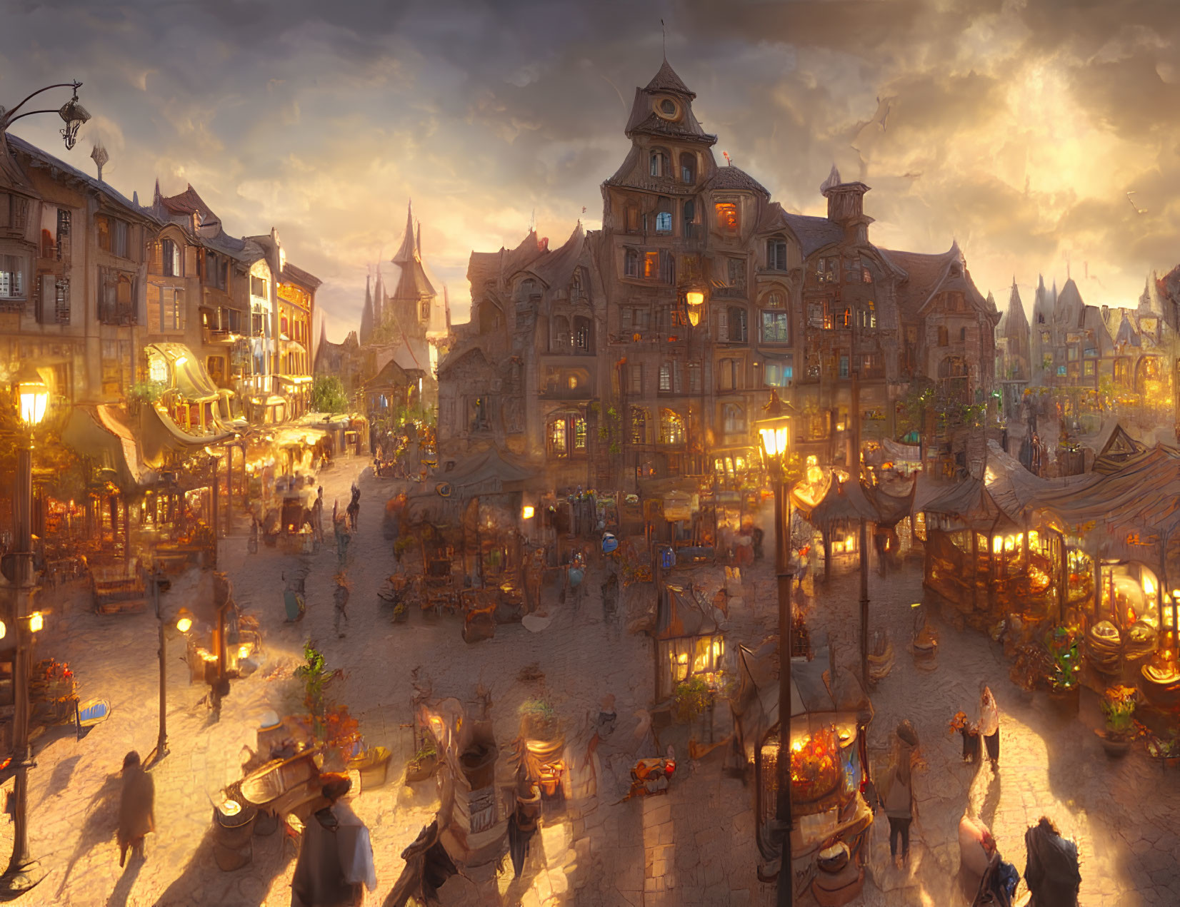 Medieval market square with vendor stalls and townspeople at sunset