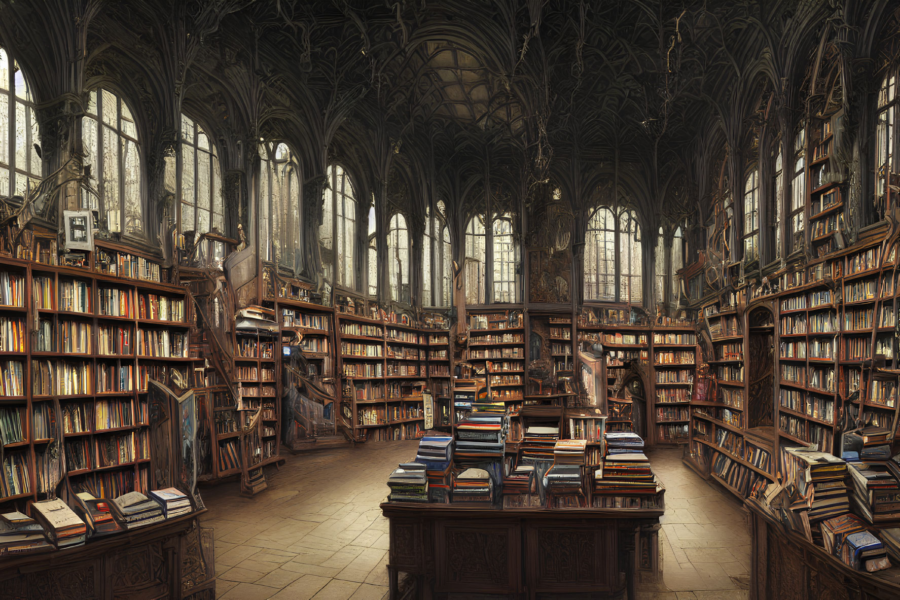 Grand Vaulted Ceiling Library with Towering Bookshelves