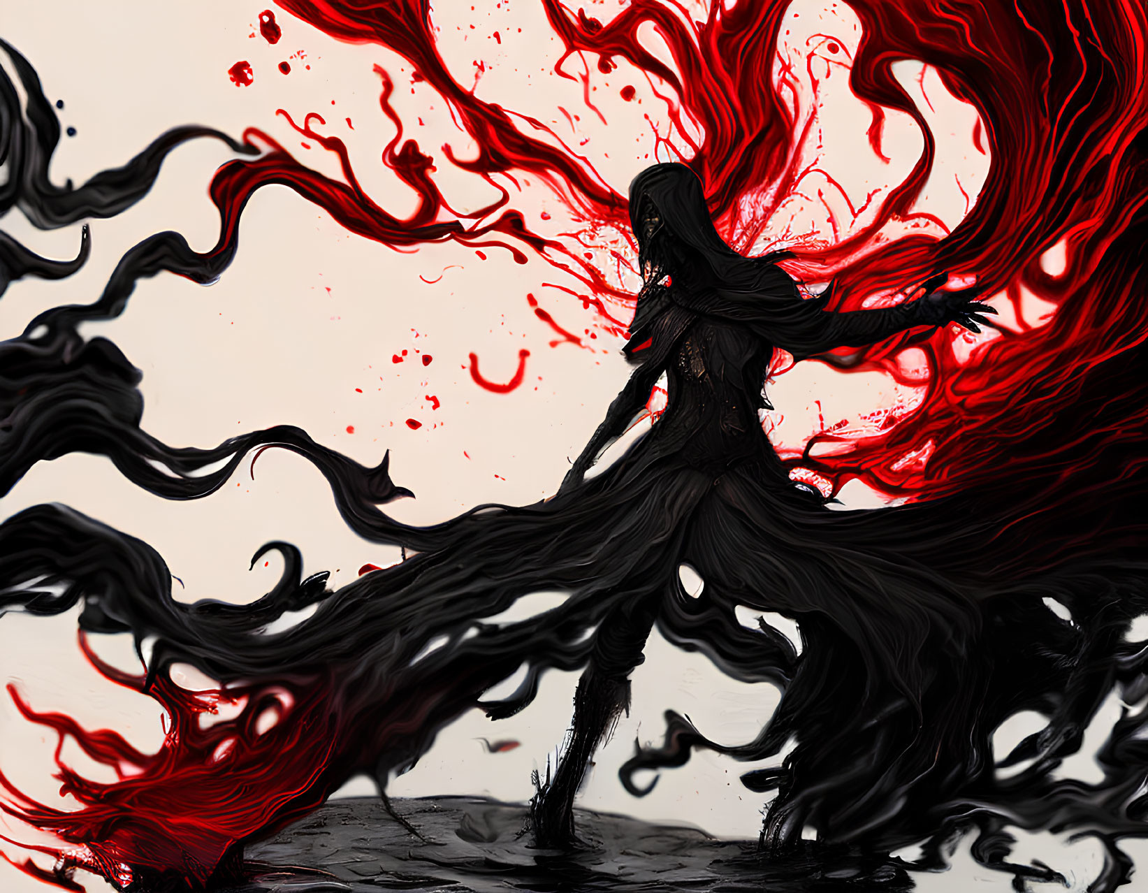 Stylized female figure in black with vibrant red abstract flow