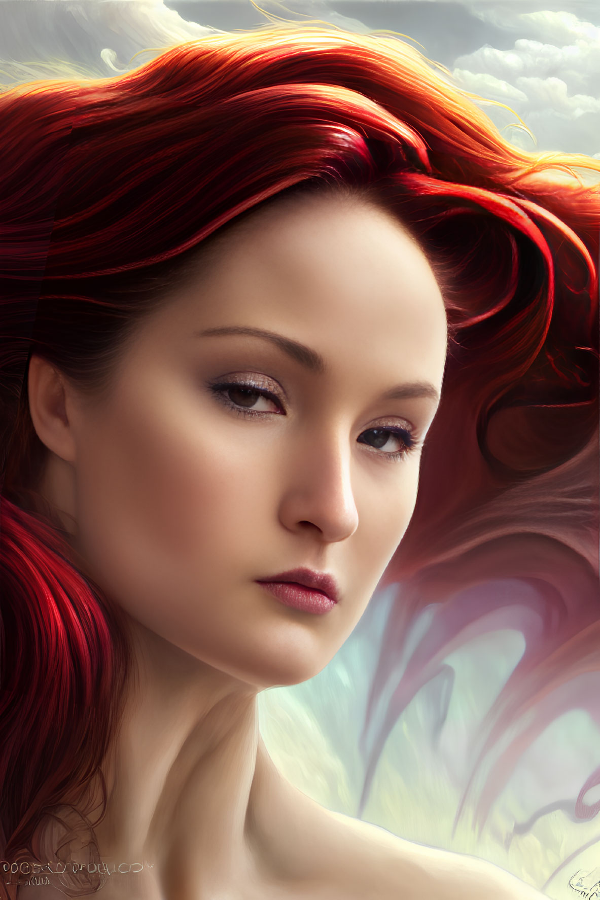 Digital artwork of woman with red hair in contemplative pose amid ethereal backdrop