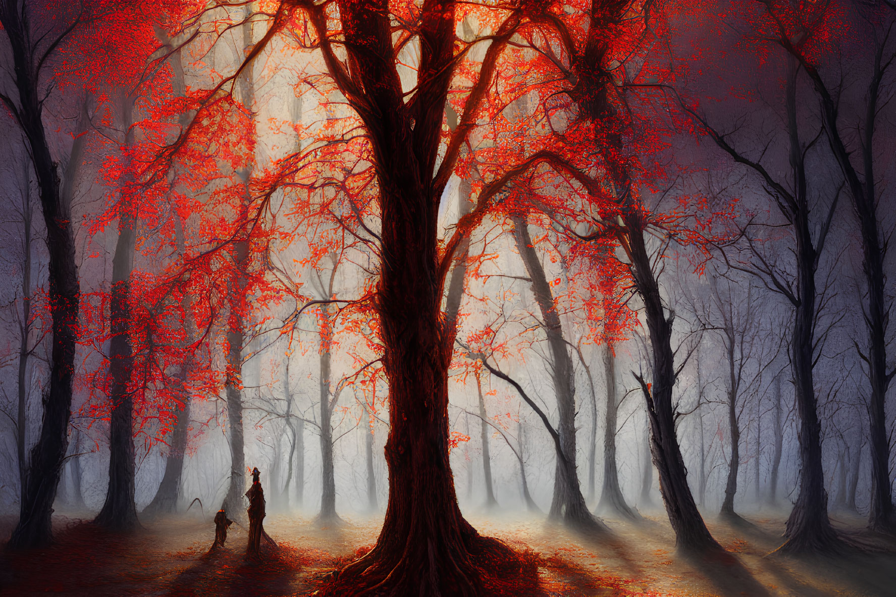 Person under vibrant red tree in mystical forest