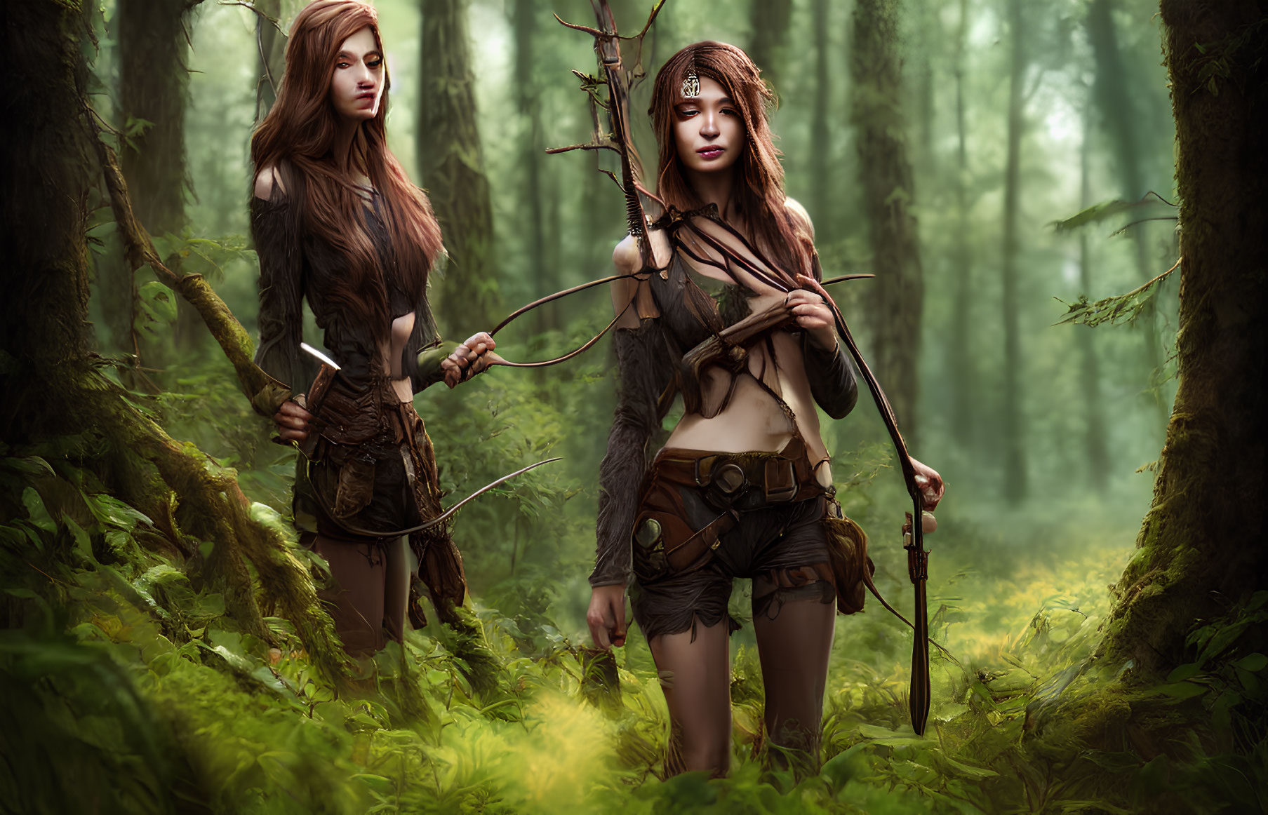 Fantasy female warriors with bow and spear in misty forest