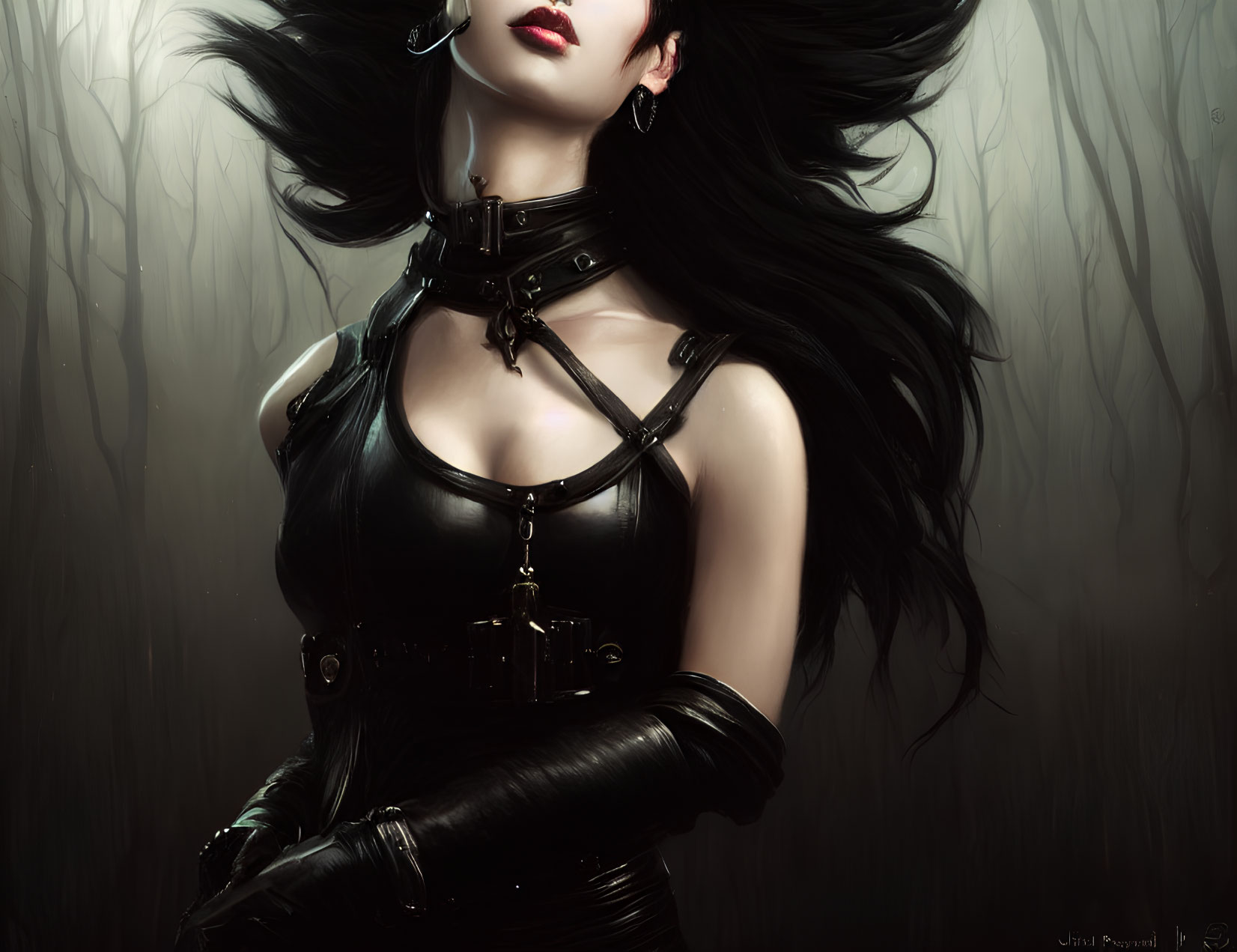 Stylized illustration of woman with black hair in gothic outfit, against misty forest.