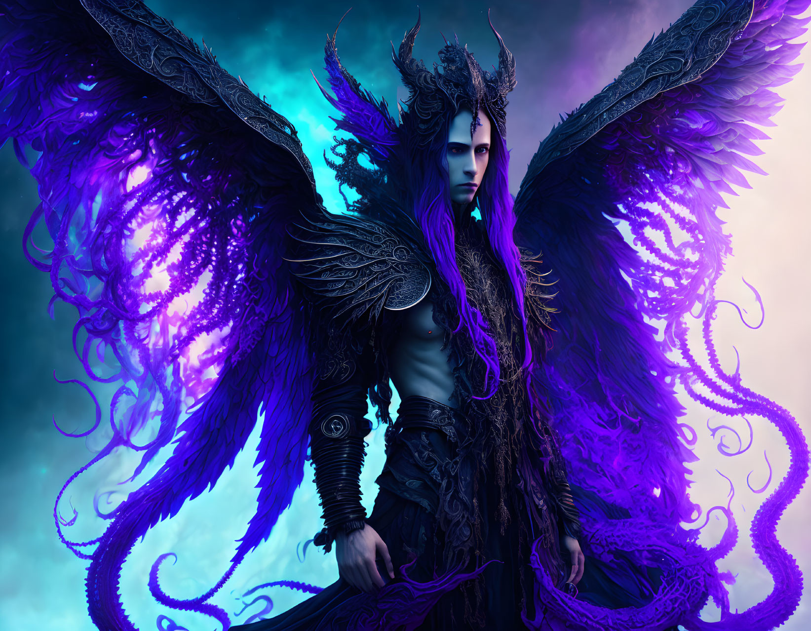 Dark-armored figure with vibrant purple wings on blue background