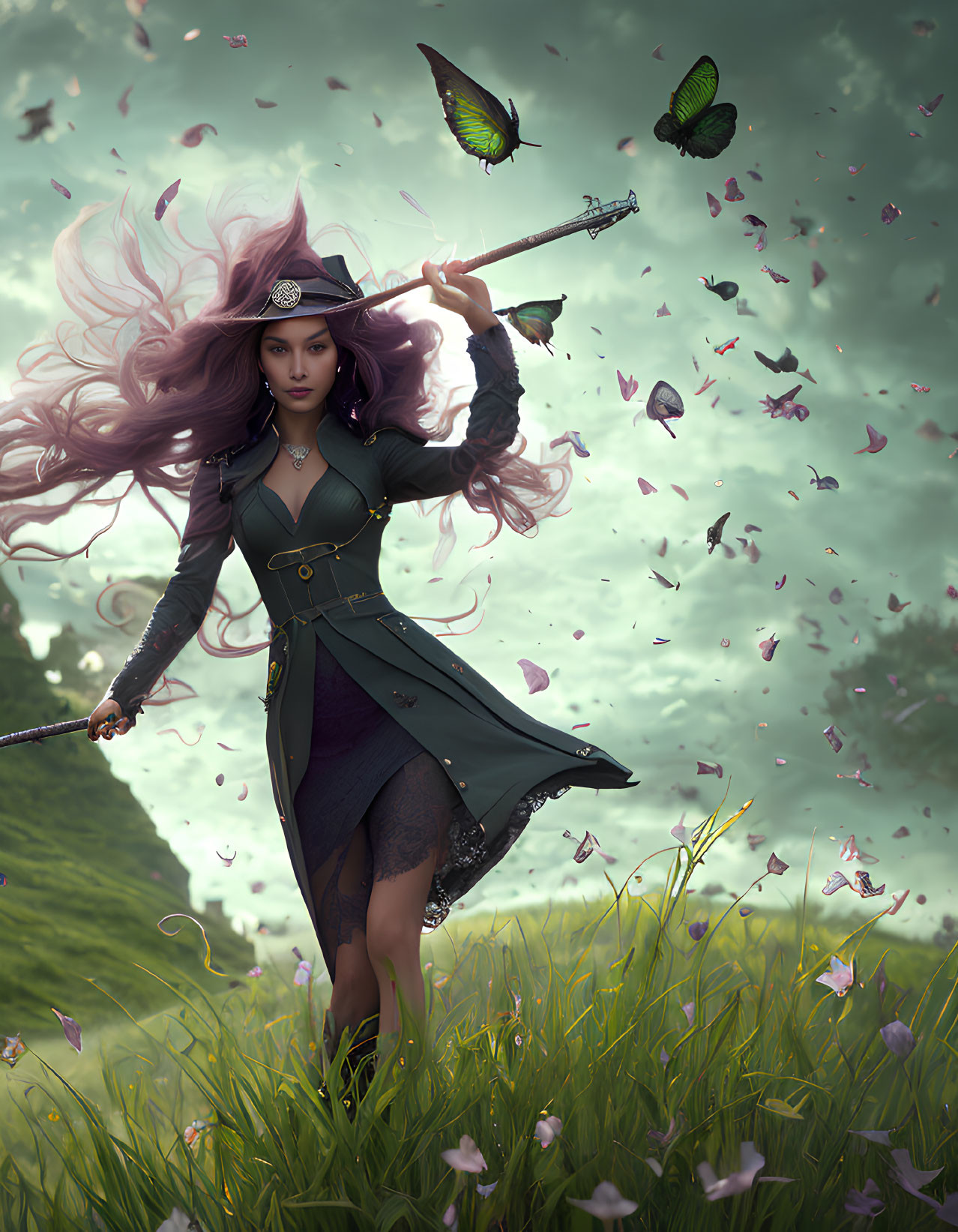 Mystical witch with purple hair in grassy field with wand and butterflies under stormy sky