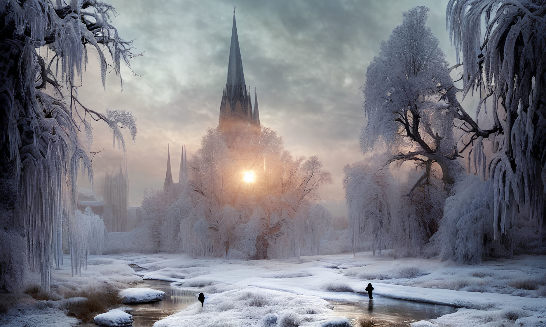 Snow-covered winter landscape with frozen river, people walking, and cathedral silhouette at sunrise or sunset.