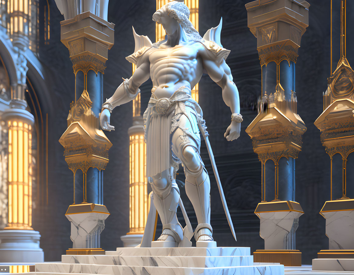 Armored warrior statue in grand hall with columns and lanterns