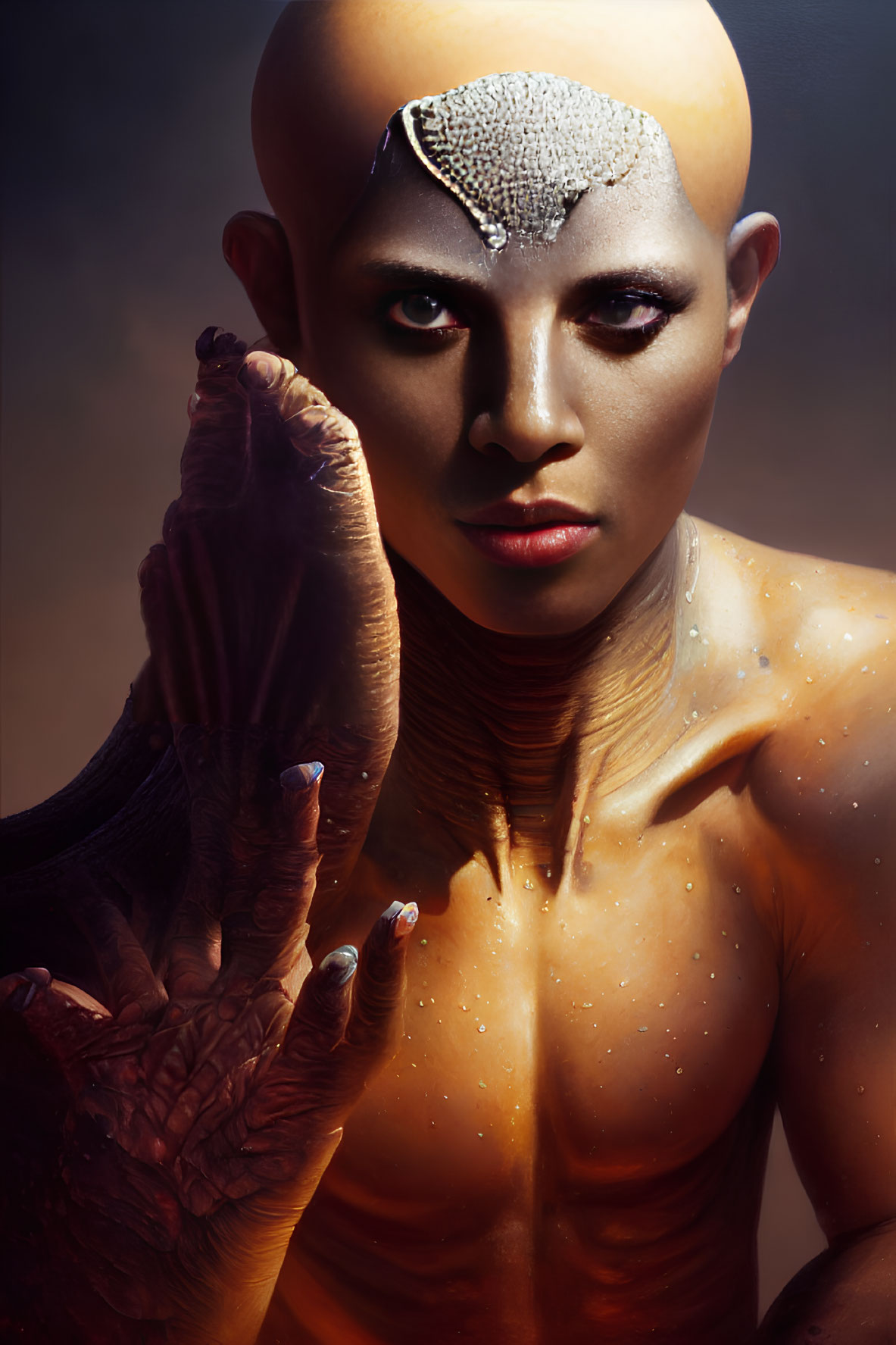 Bald individual with striking makeup and jeweled forehead with textured hand raised.