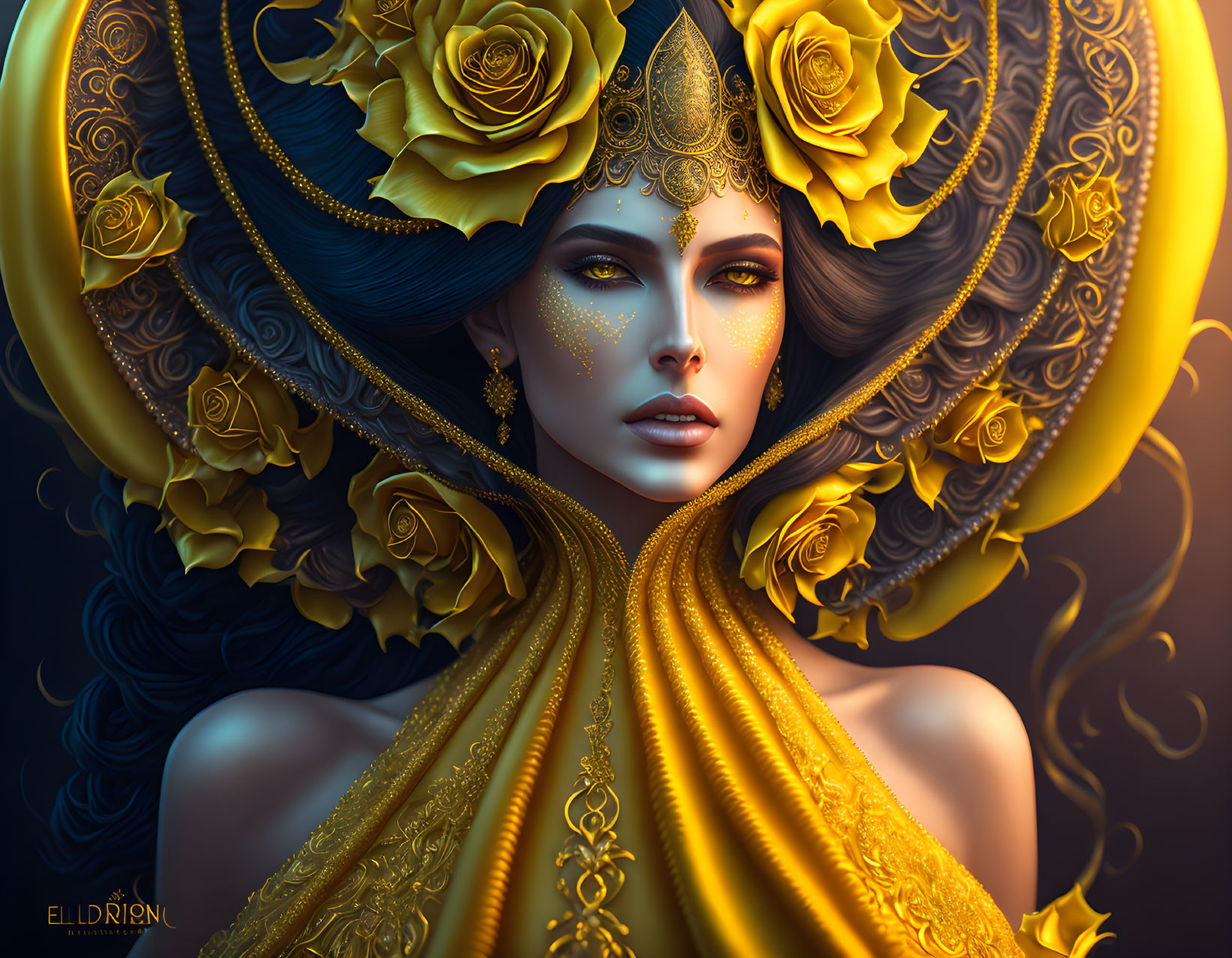 Woman with ornate gold jewelry and yellow roses in voluminous hair: mystical and regal aesthetic