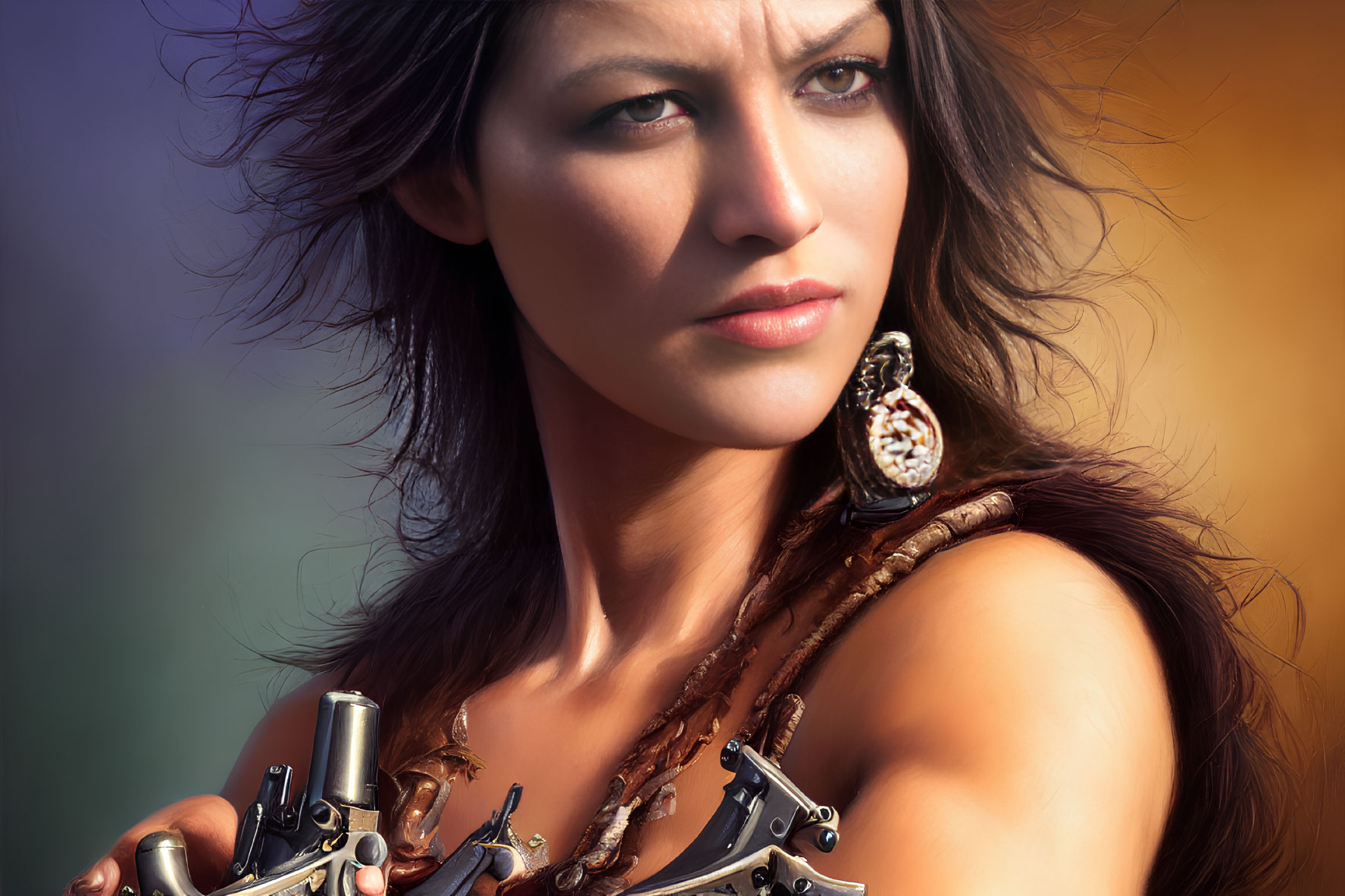 Intense woman with crossbow and ornate earring in warm setting