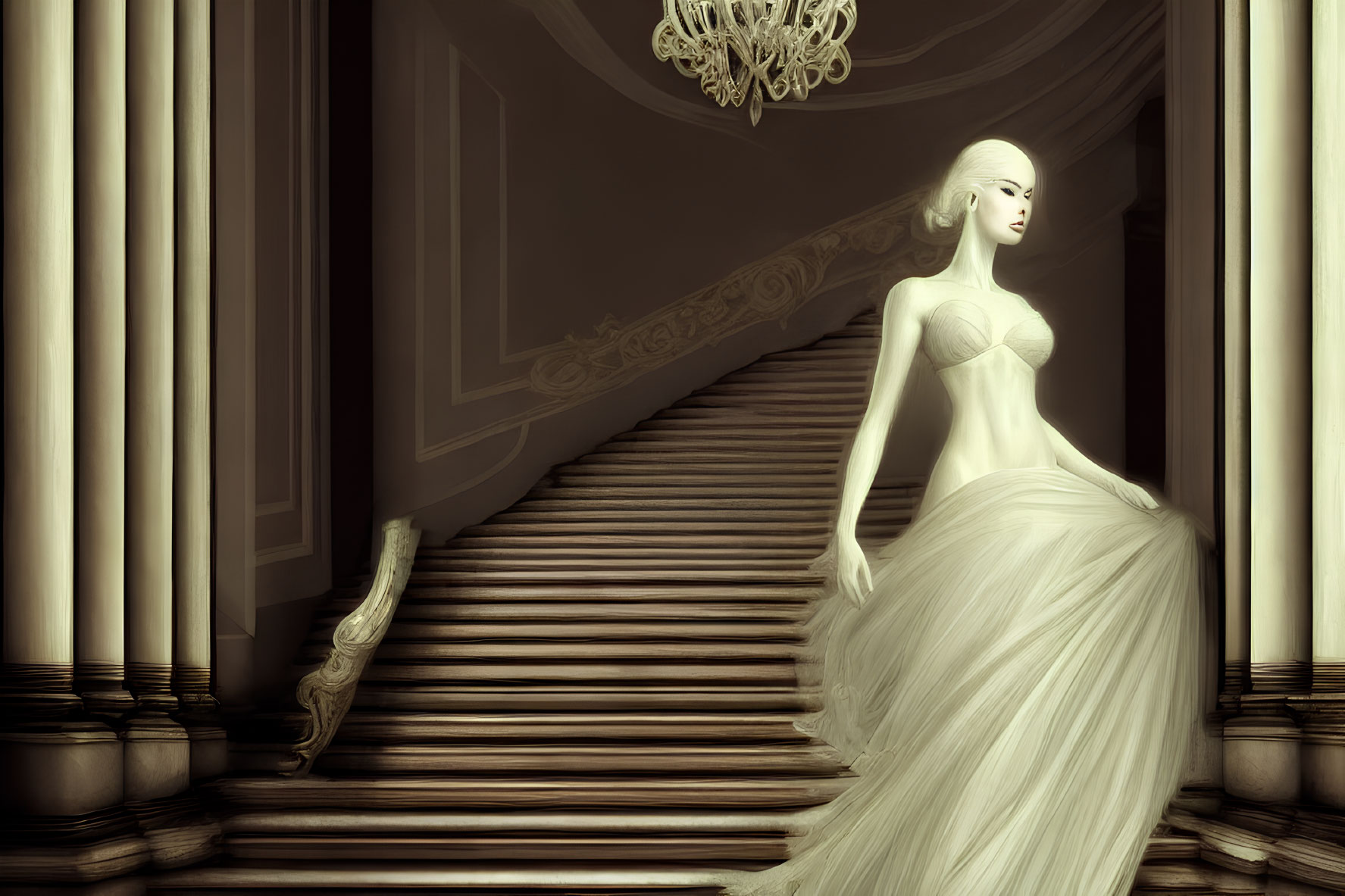 Ethereal figure in flowing white gown descends elegant spiral staircase