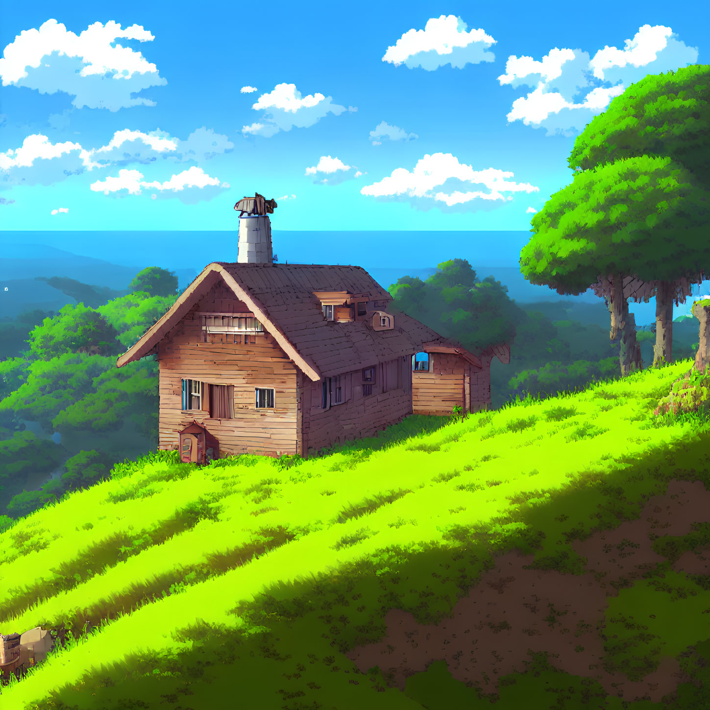 Rustic wooden house with windmill on green hillside under blue sky