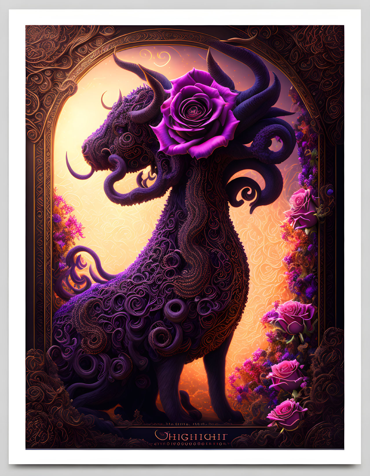 Purple floral-themed creature with rose face in ornate border