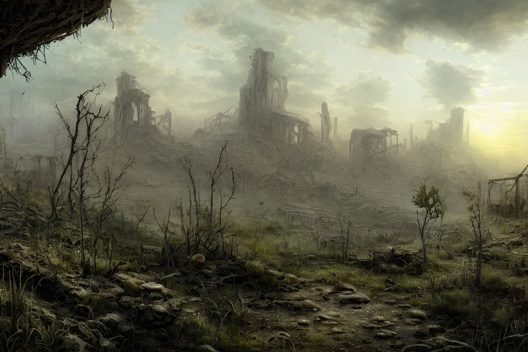 Desolate Landscape with Ruined Buildings and Dead Trees