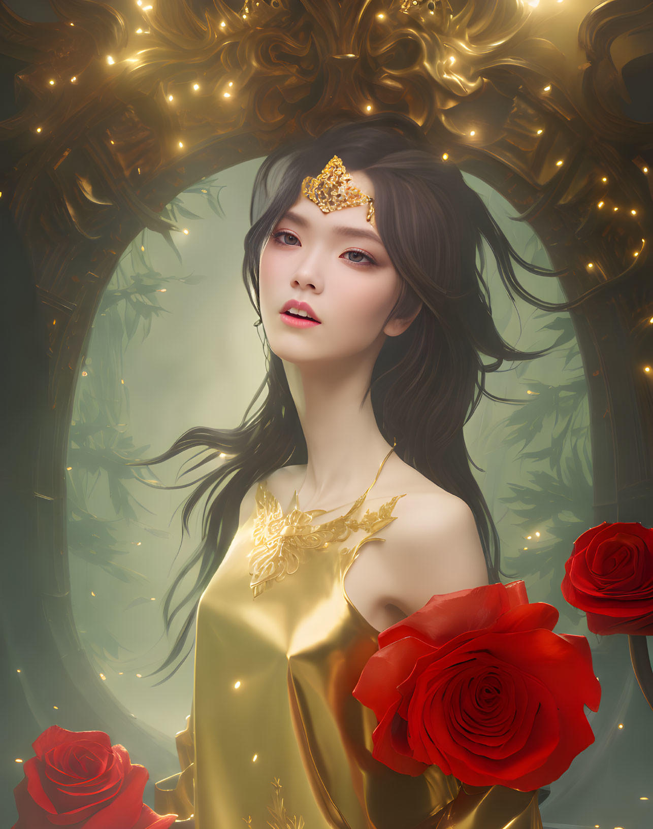 Ethereal woman in golden headdress and attire with red roses in ornate frame