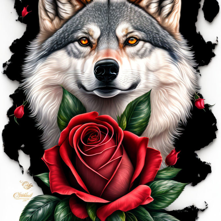 Detailed Wolf Face with Red Rose on White Background