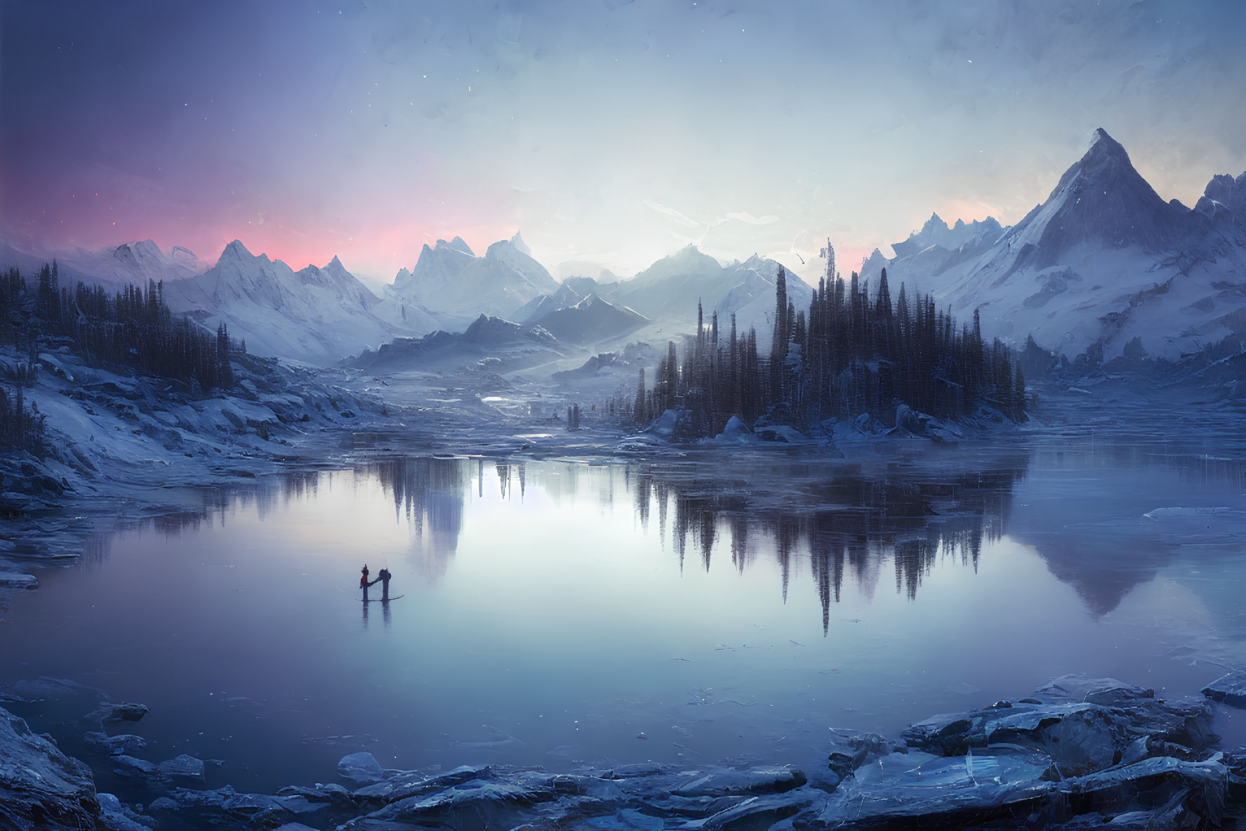 Snowy Twilight Landscape with Figures on Frozen Lake surrounded by Forested Islands and Mountain Peaks