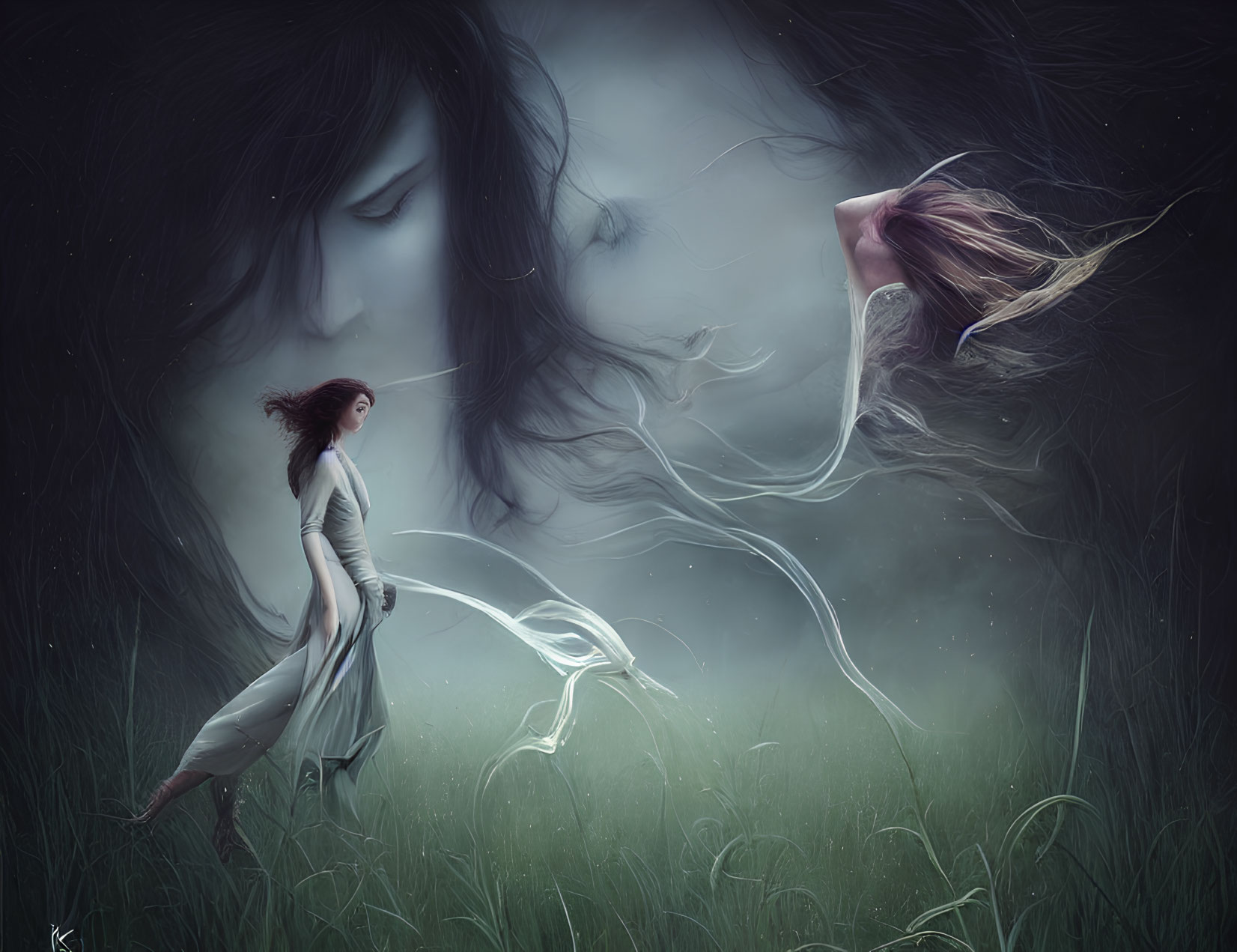 Surreal digital artwork: Woman in white dress merges with giant ethereal face