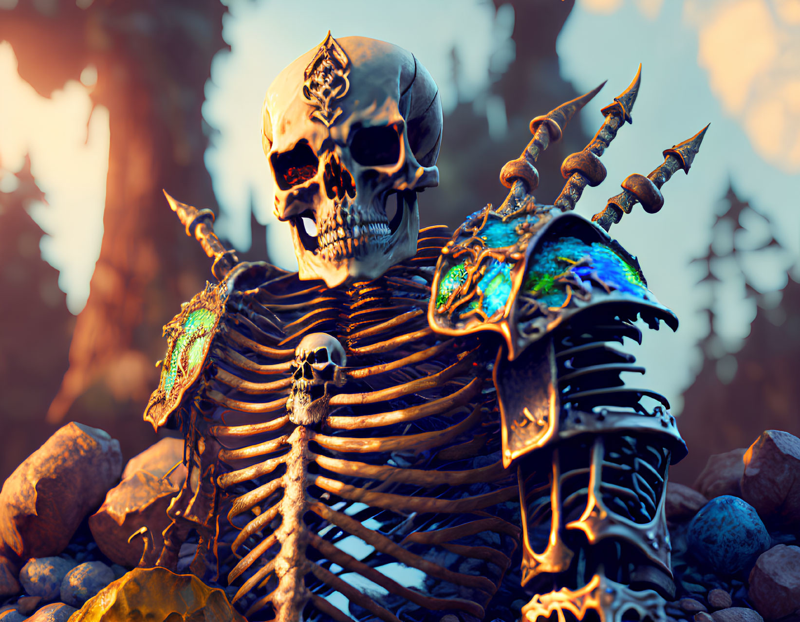 Skeleton warrior in ornate armor amidst bleak landscape with skull-adorned helmet