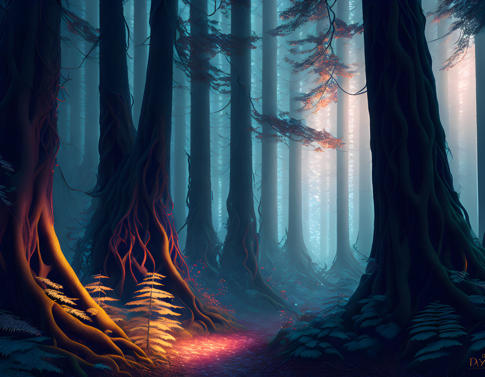 Enchanting Forest Scene with Tall Trees and Blue Glow