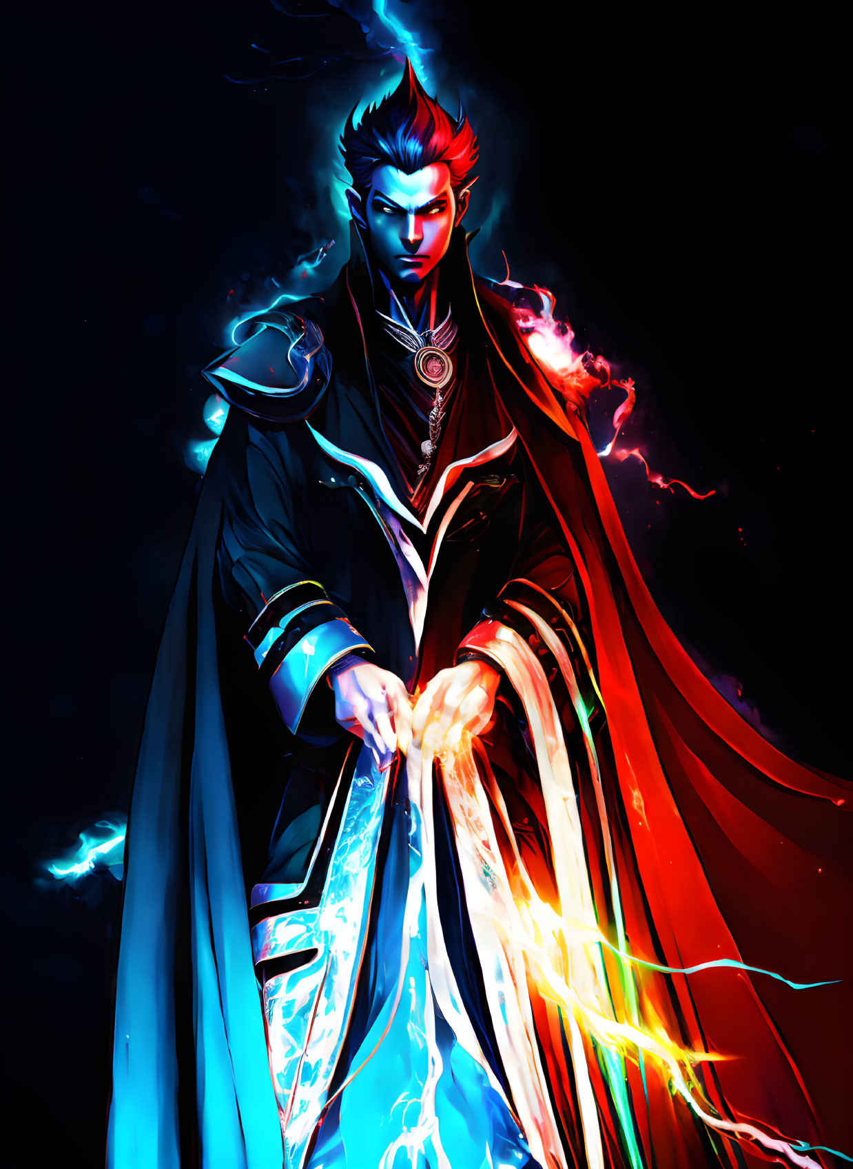 Dynamic character in dark robe with fiery and icy powers