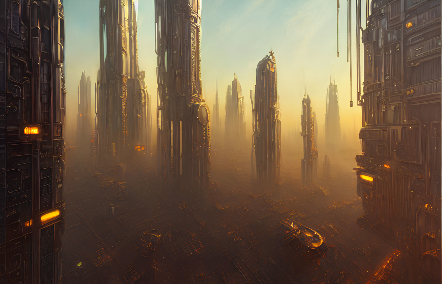 Futuristic cityscape at sunset with skyscrapers, lights, and flying vehicles.