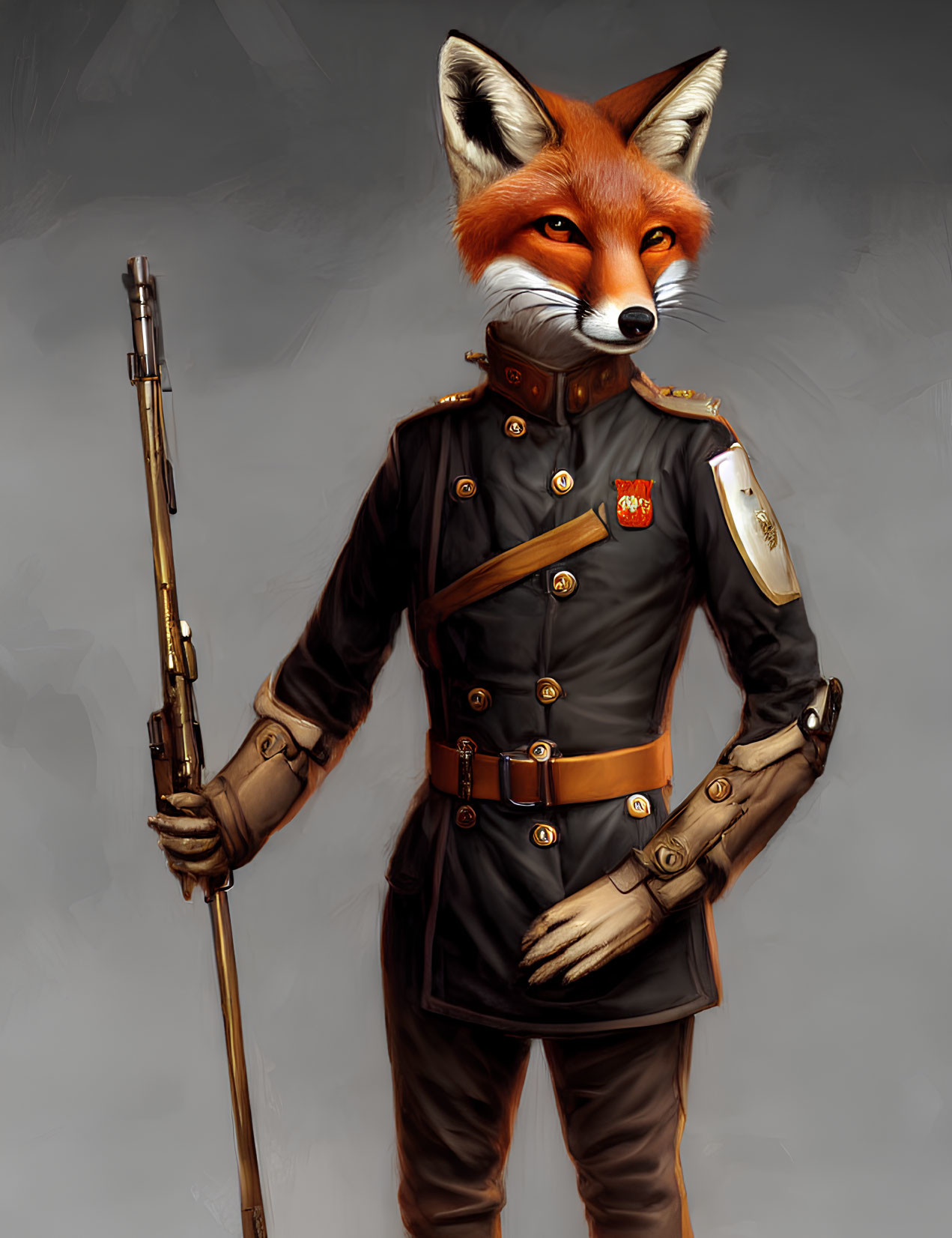 Military uniformed anthropomorphic fox with rifle and medals on grey background