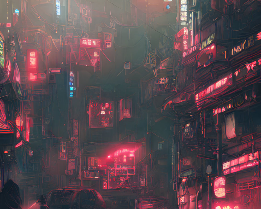 Neon-soaked cyberpunk cityscape with towering buildings and illuminated signs