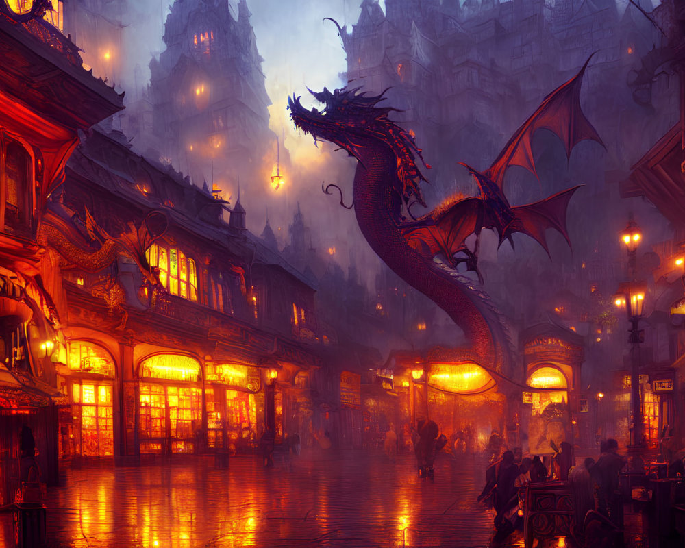 Majestic dragon overlooking fantasy street with buildings and pedestrians