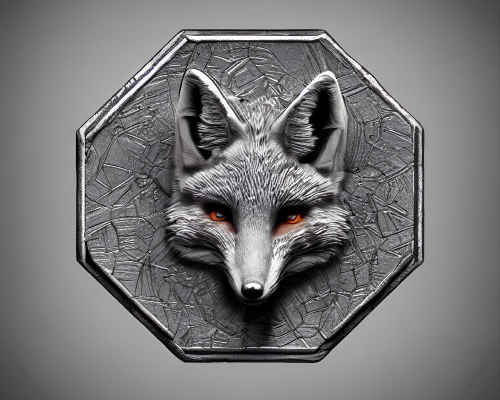 Wolf head in 3D on octagonal emblem with metallic background.