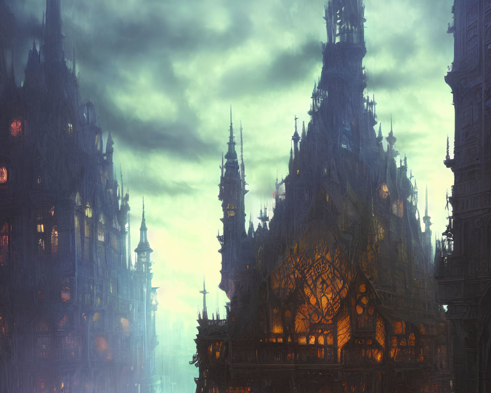 Gothic-style cityscape with illuminated windows and brooding sky