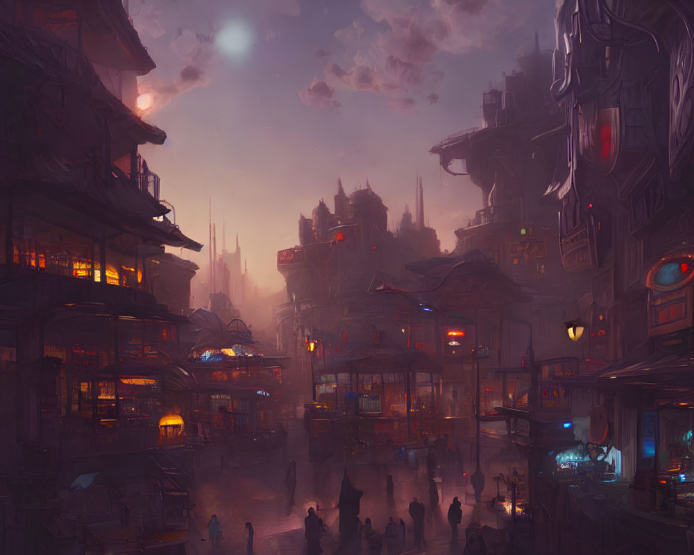 Futuristic cityscape at twilight: towering structures, neon signs, and silhouettes under a