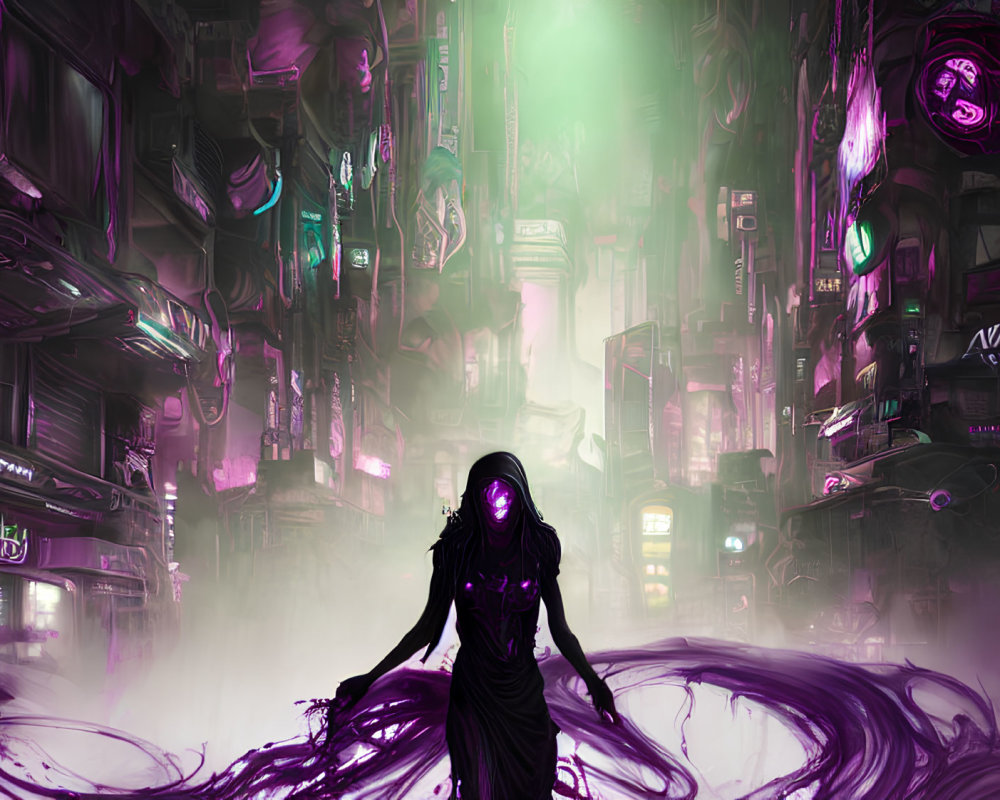 Cloaked figure in neon-lit cyberpunk cityscape with dark energy hands