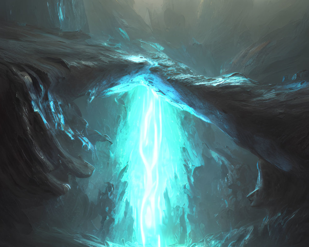 Mystical Blue Glowing Portal in Dark Rocky Landscape