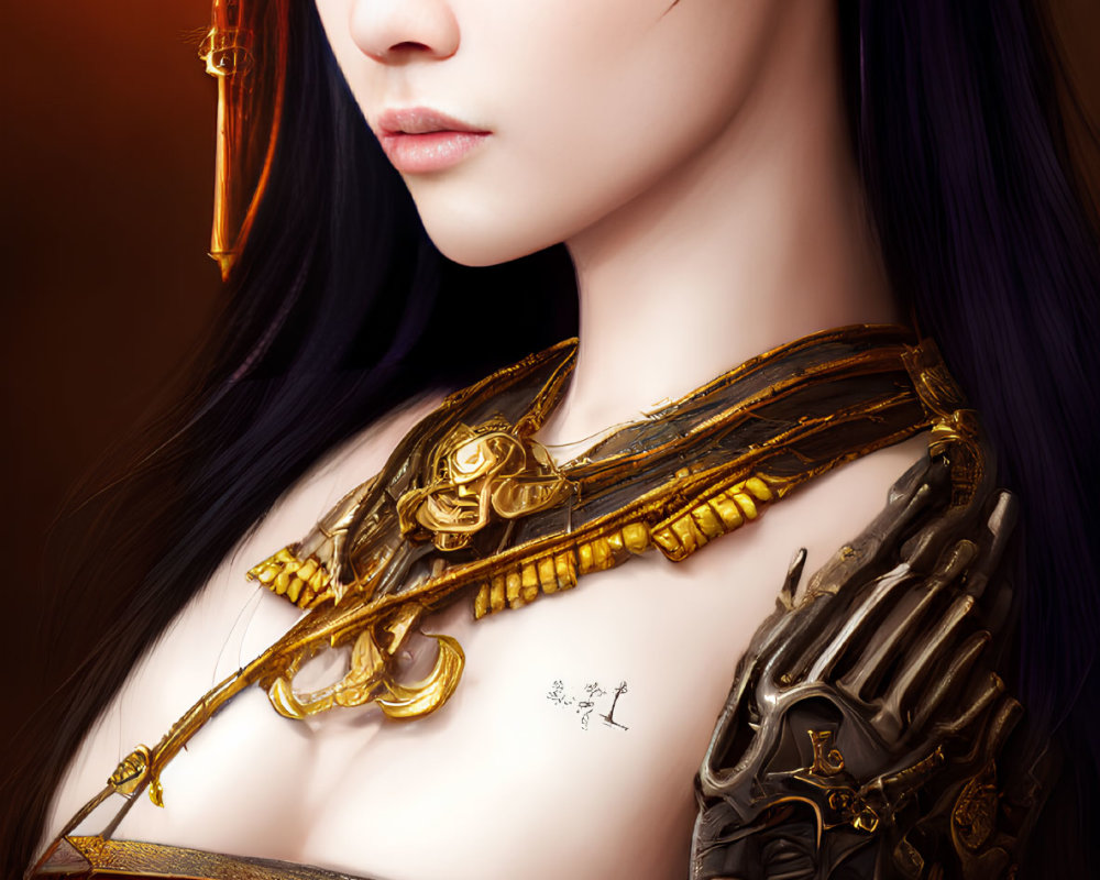 Digital artwork: Pale-skinned woman in gold armor on warm amber backdrop